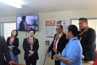 H.E. Mr. ISHII Tetsuya with Hon. Rev. Dr. Pohiva Tu’i‘onetoa, Prime Minister of Tonga, and guests inside the upgraded community health centre for Houma District handed over on Friday, 15 May 2020