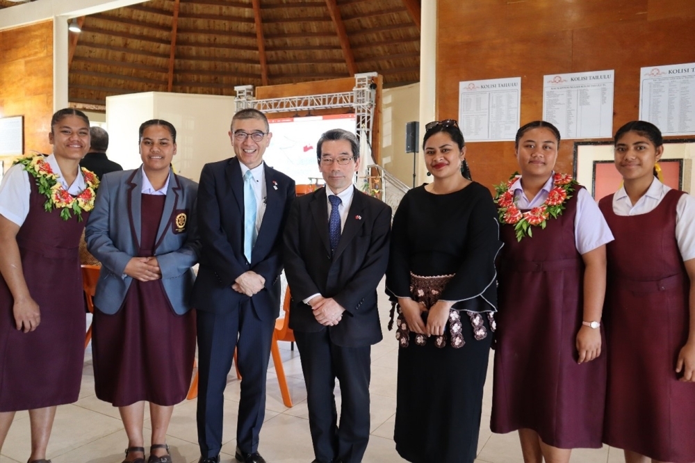 H.E. Mr, INAGAKI Hisao, Ambassador of Japan to Tonga with Miyamoto Hideharu of the Narita Airport Business Company along with winners of the Japanese speech contest from ‘Eua High School after the competition on Friday, 12 September 2025.